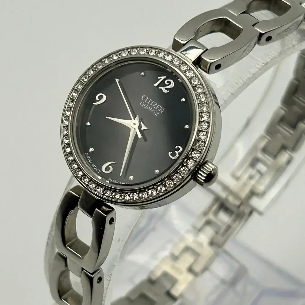 Citizen Silver Tone Black Dial Crystal Bezel Women’s Watch Working New Battery